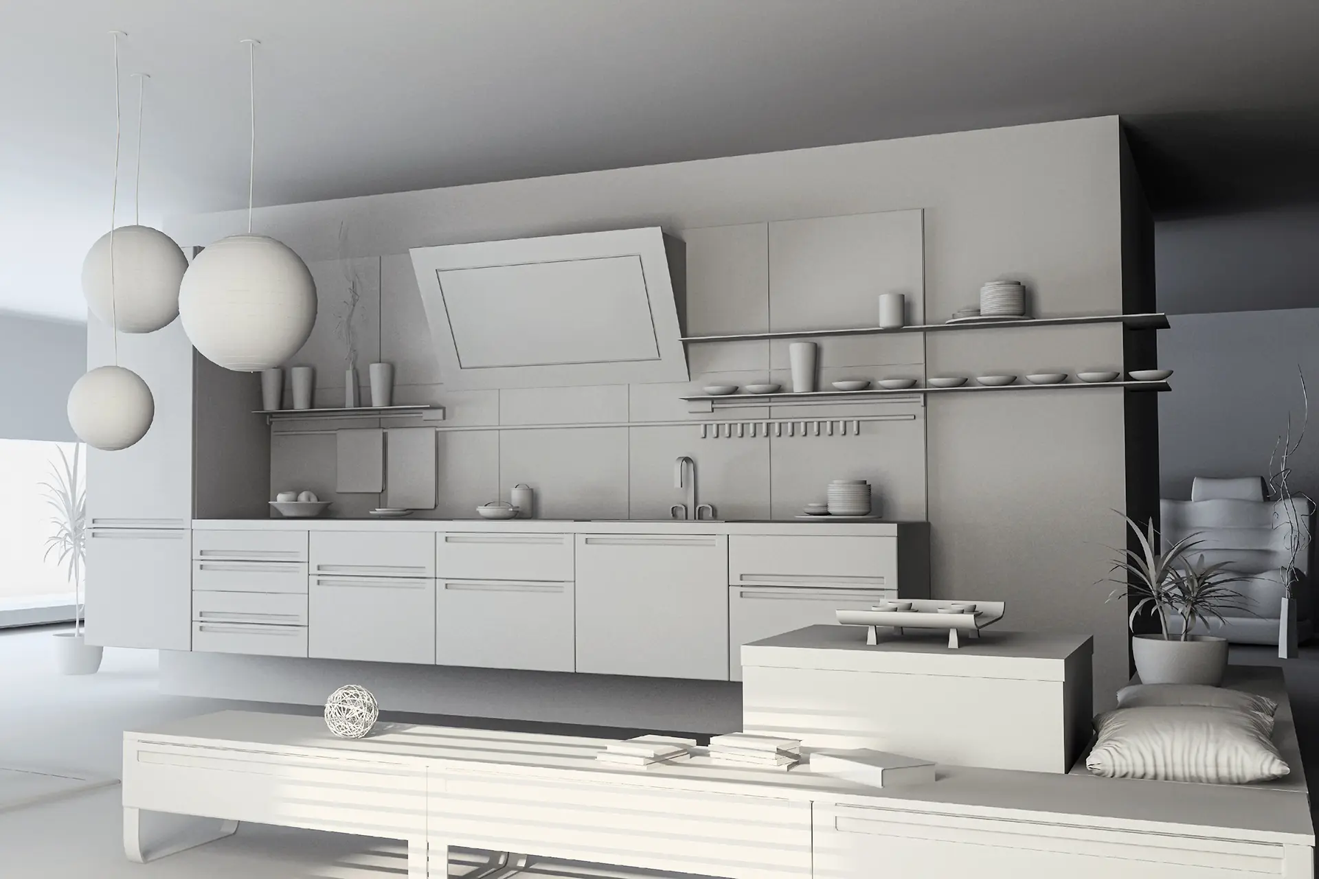 Perspective 3D intérieure - Cuisine rendu blanc - Vision3D