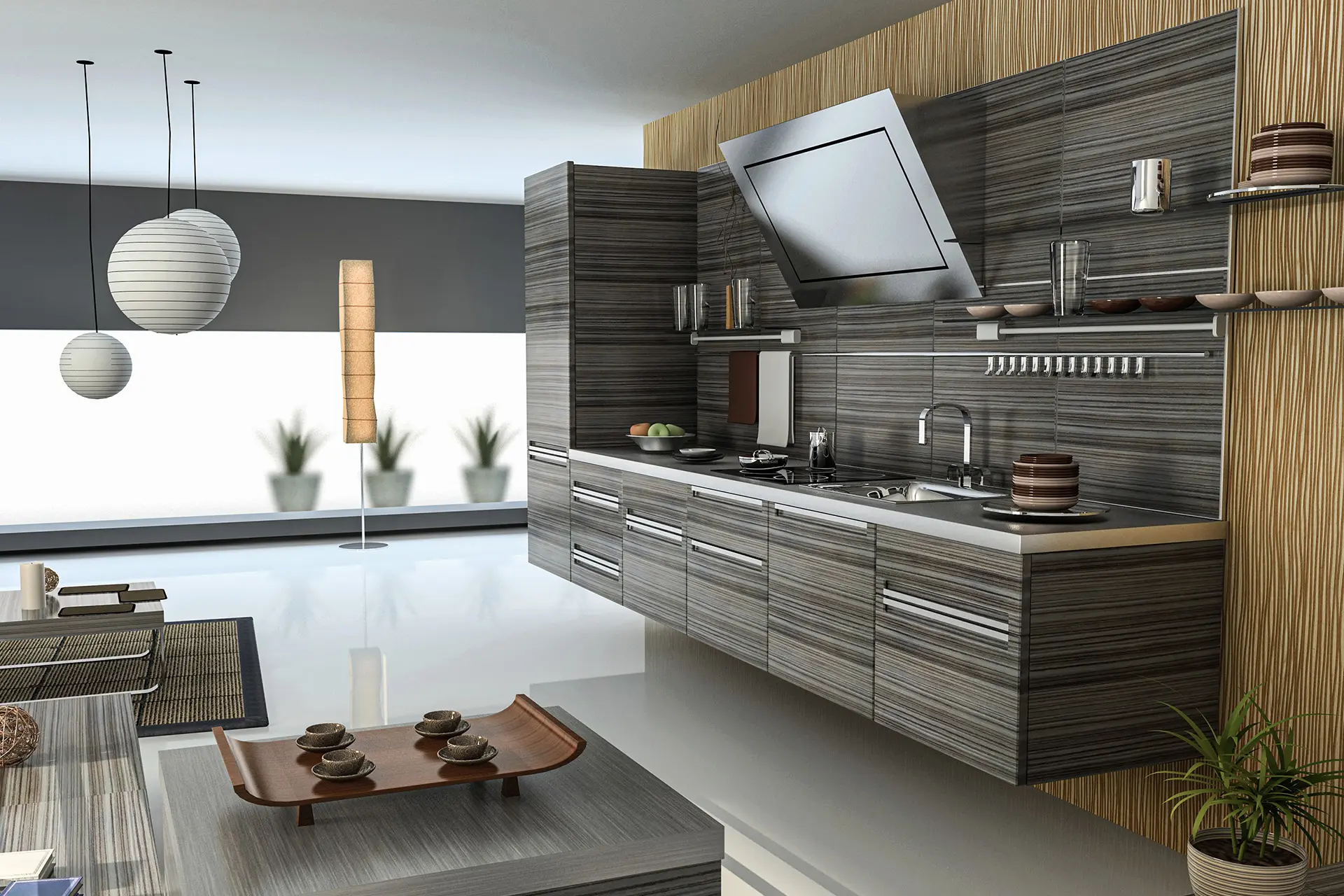 Perspective 3D intérieure - Cuisine design bois foncé- Vision3D