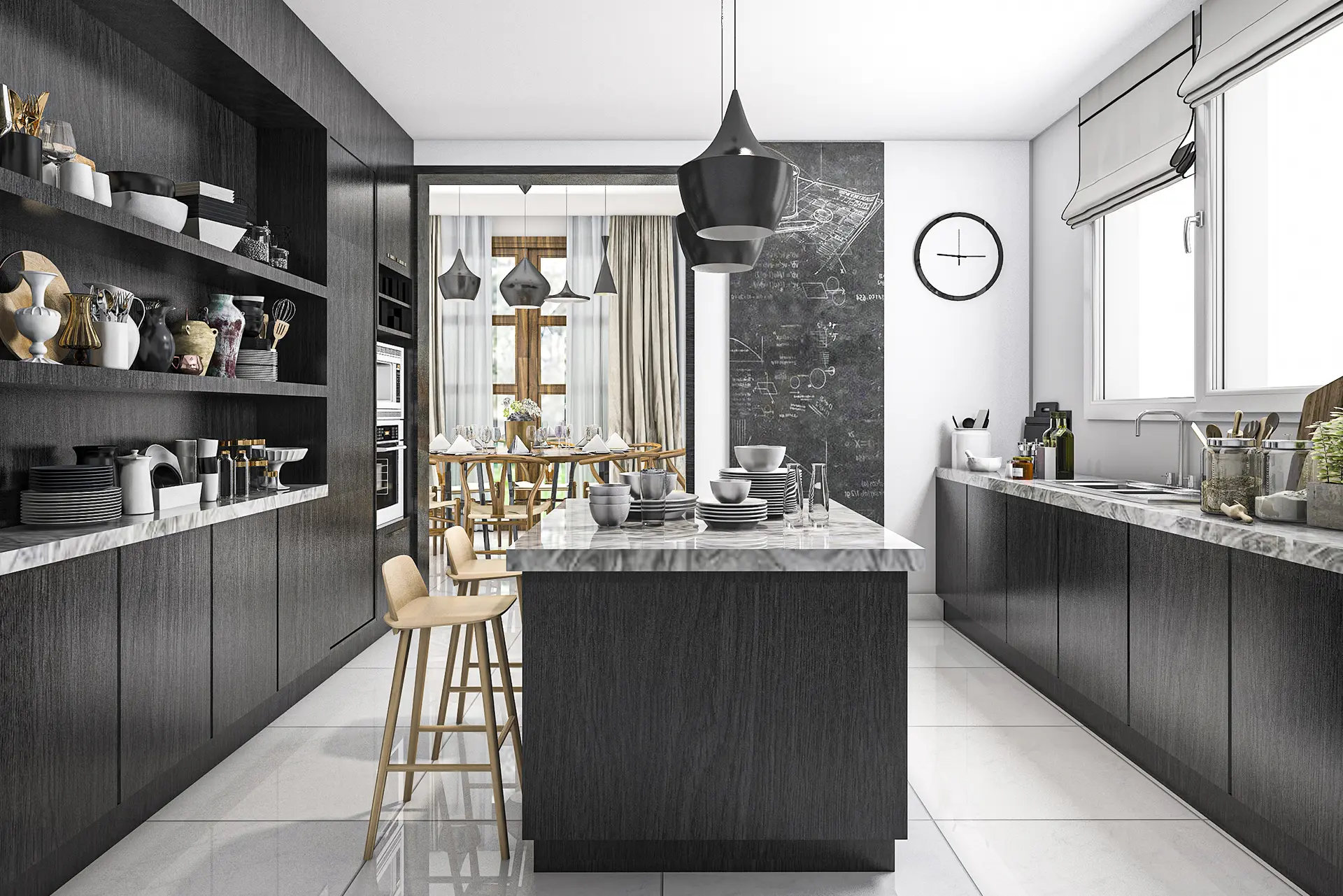 Perspective 3D intérieure - Cuisine design avec meubles noirs - Vision3D