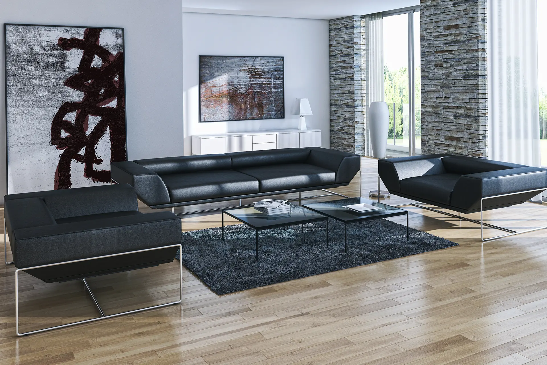Perspective 3D intérieure - séjour villa moderne et meuble design - Vision3D
