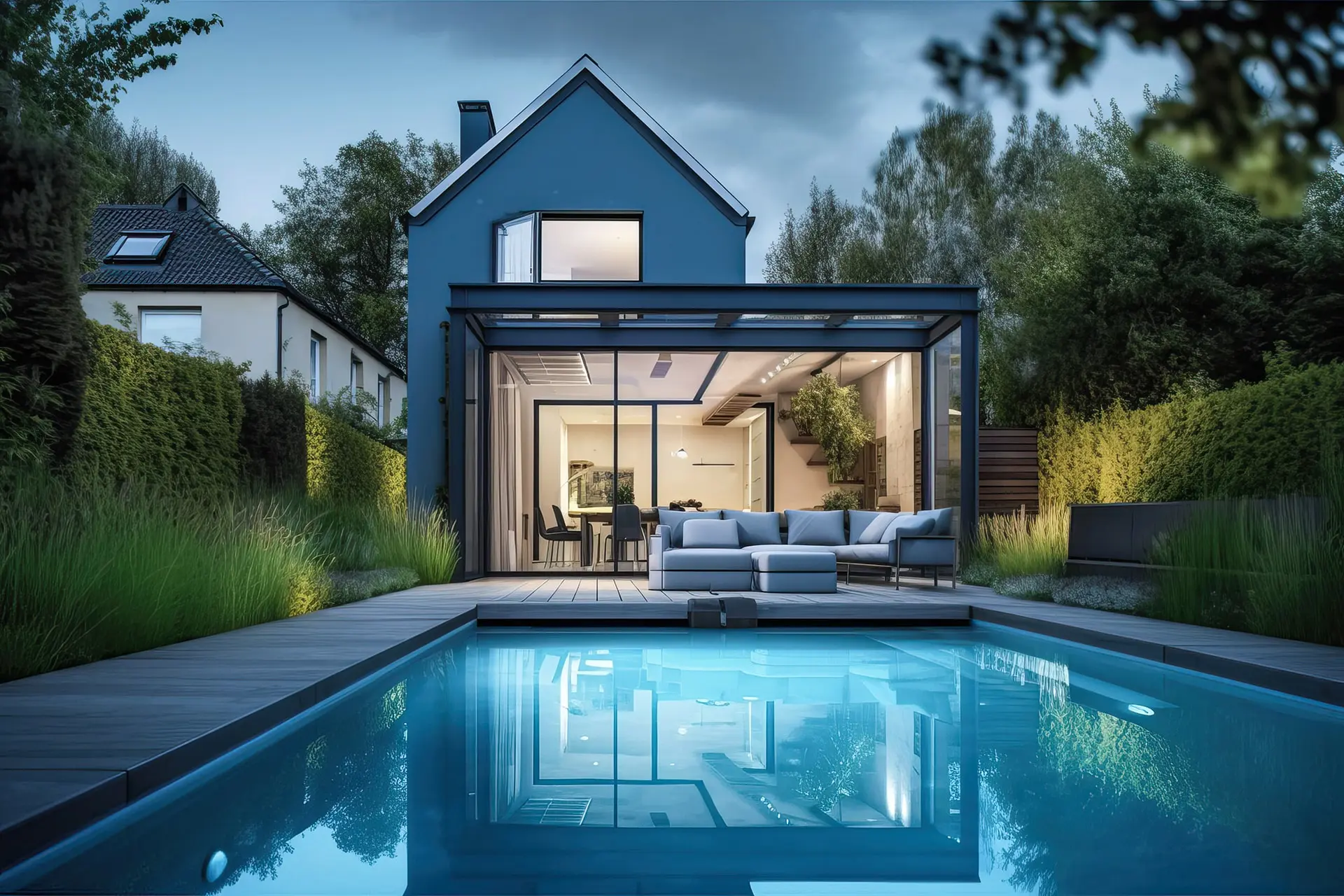 Perspective 3D extérieure - Aménagement ancienne maison avec véranda et piscine - Vision3D