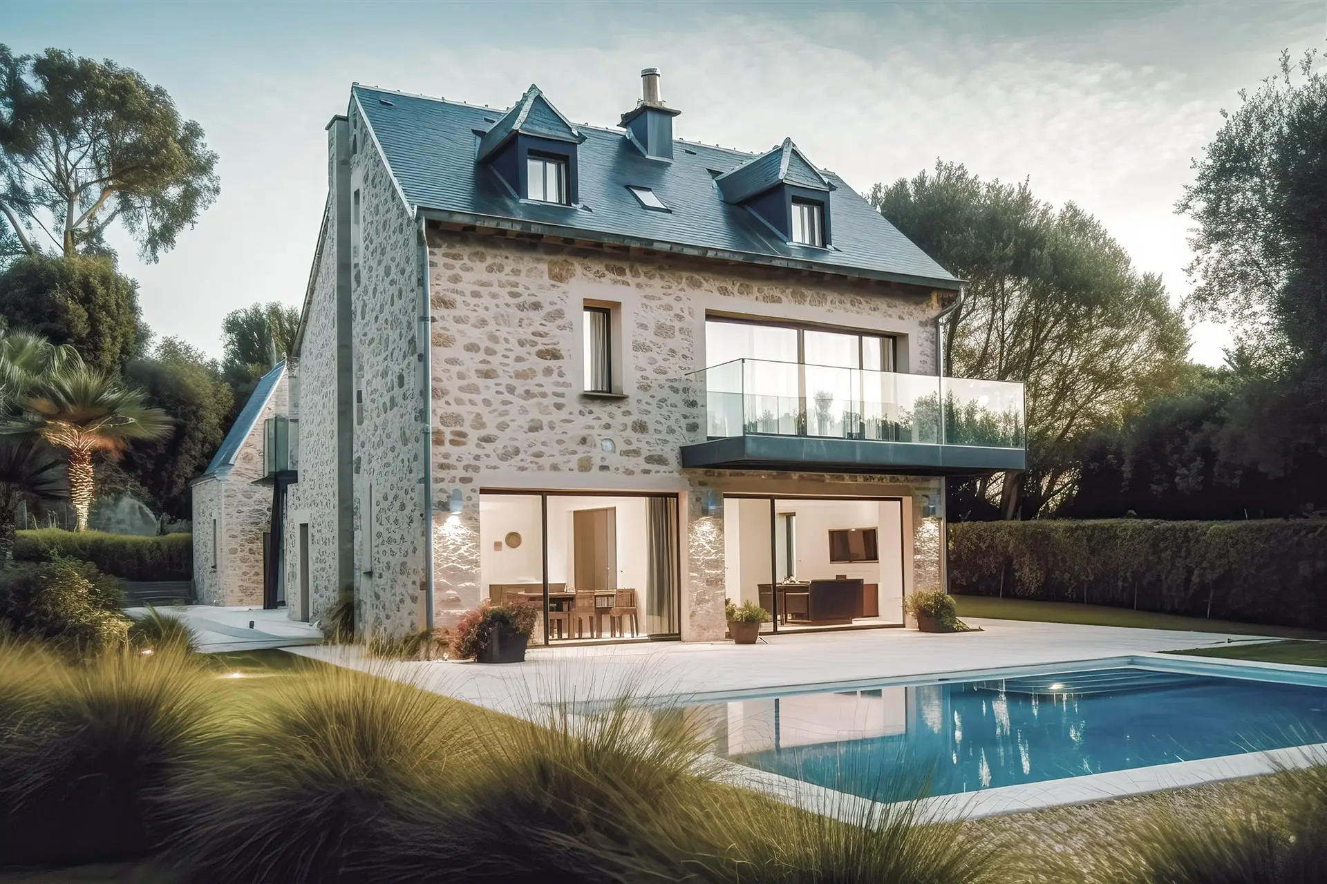 Perspective 3D extérieure - Maison en pierre avec piscine - Vision 3D