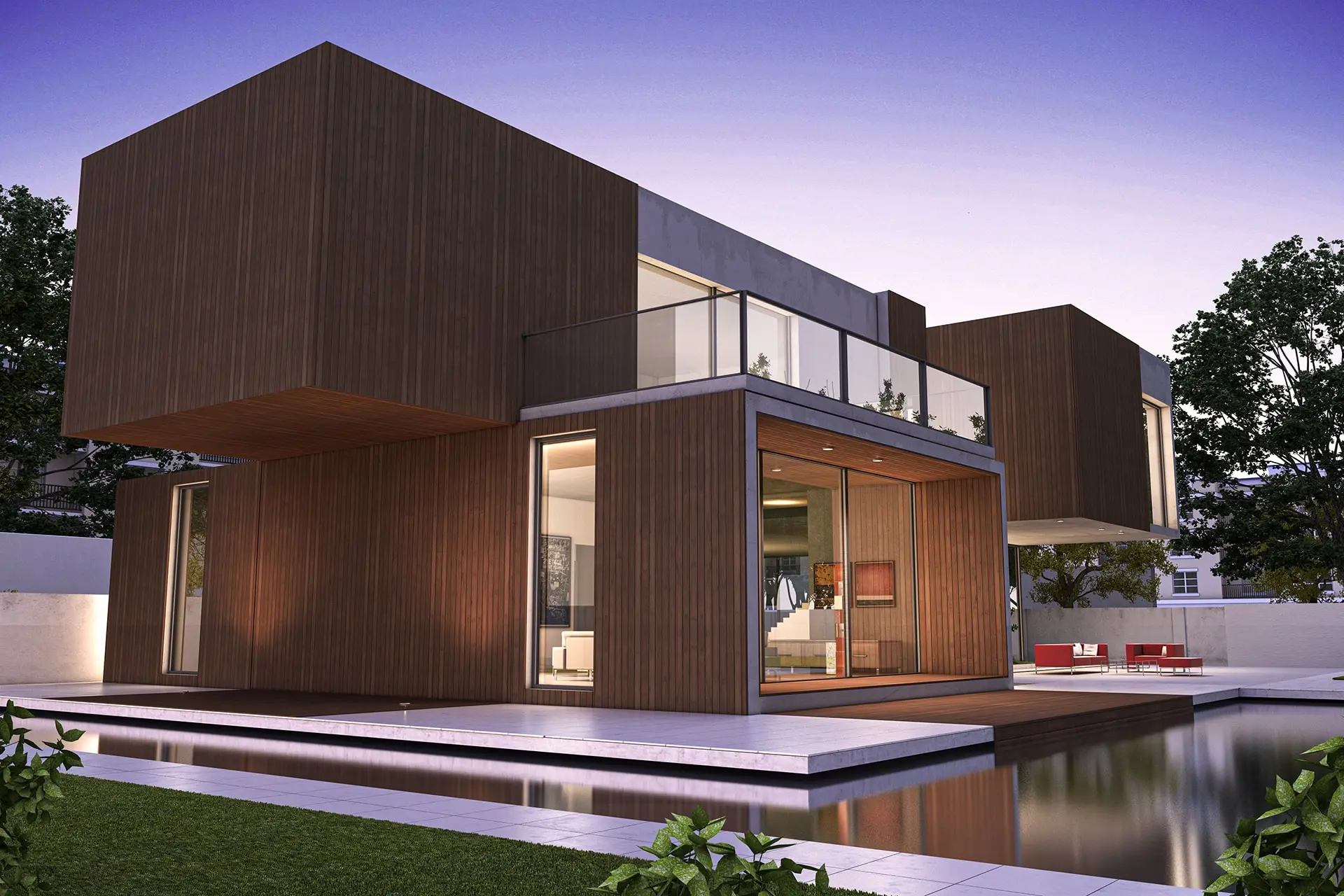 Perspective 3D extérieure - Vila moderne de luxe avec bardage bois - Vision3D