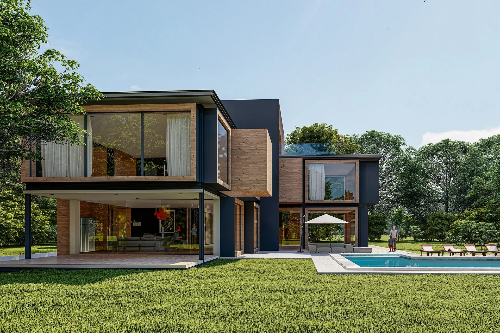 Perspective 3D extérieure - Villa de luxe avec bardage bois - Vision3D
