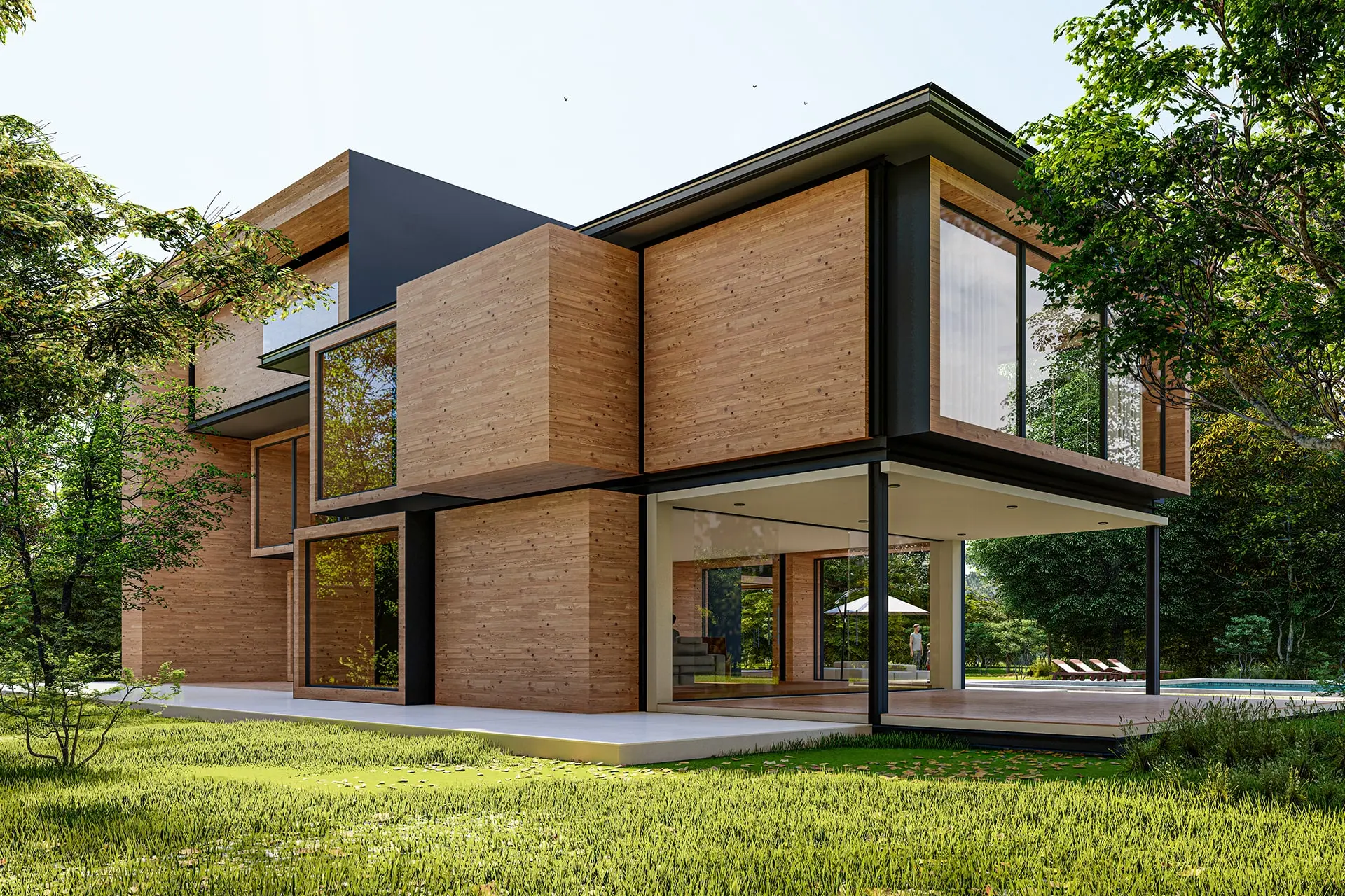 Perspective 3D extérieure - Villa moderne bardage bois
