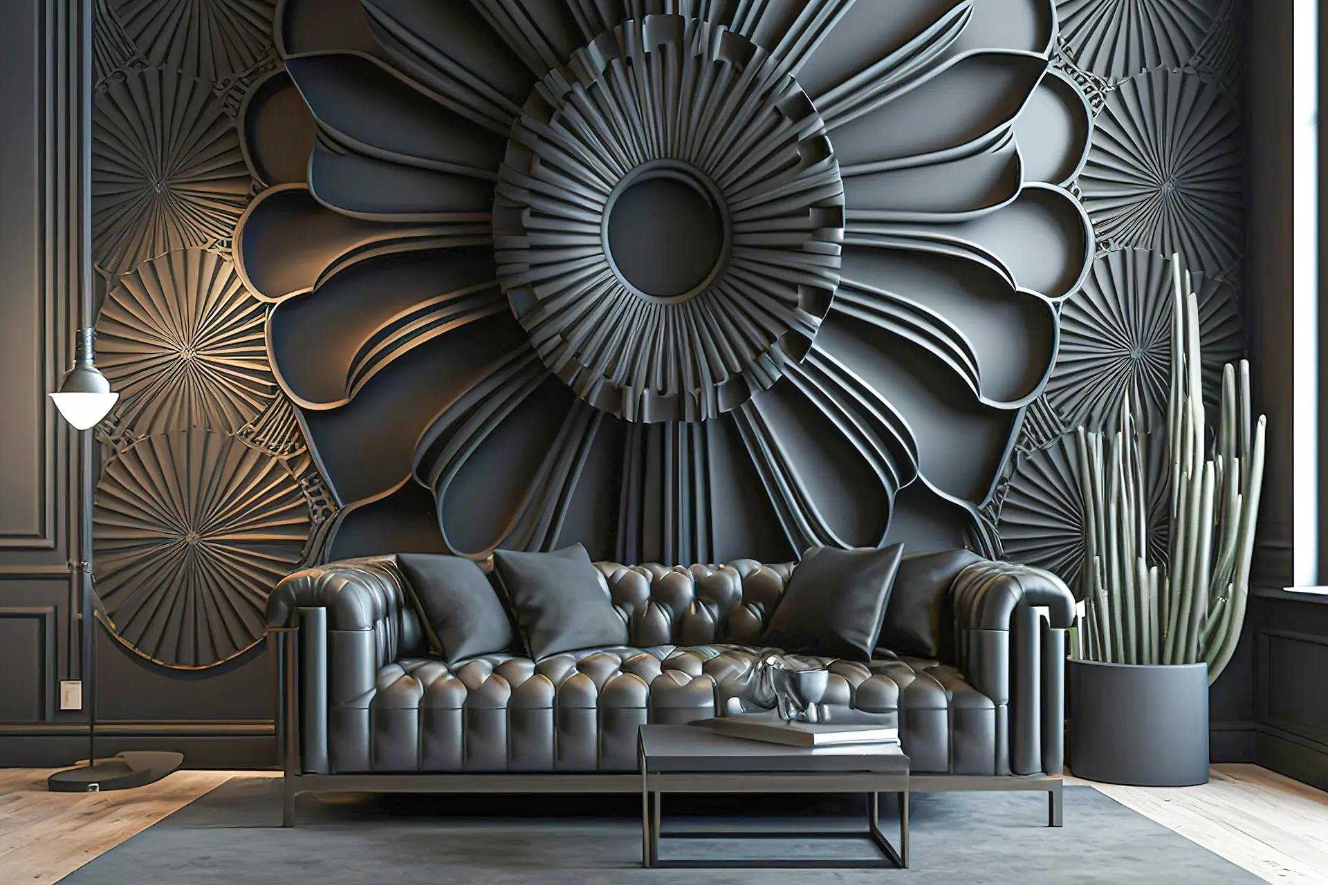 Perspective 3D intérieure - Salon noir avec motif 3D mur - Vision3D