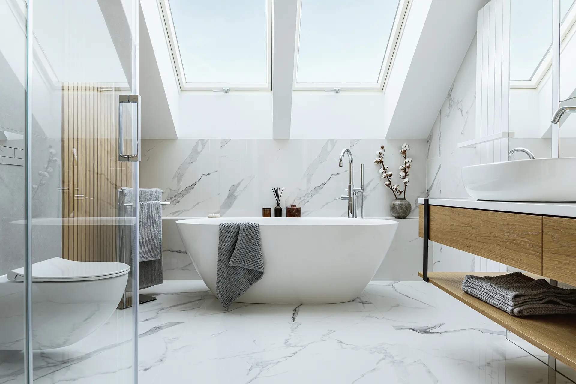 Perspective 3D intérieure - Salle de bain blanc marbre - Vision3D